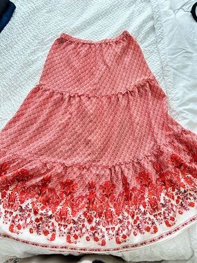 Max Edition Red Floral Tiered Maxi Skirt with Border Print